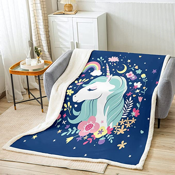Cute Rainbow Unicorn Kids Fleece Throw Blanket